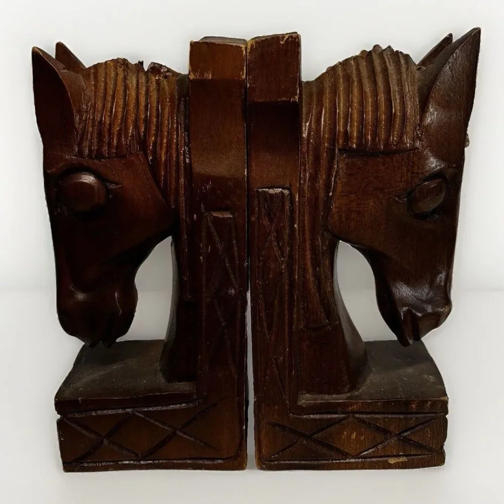 Vintage 1970 Made in Philipines  Wood Brown Carved Horse Head Bookends Book Ends